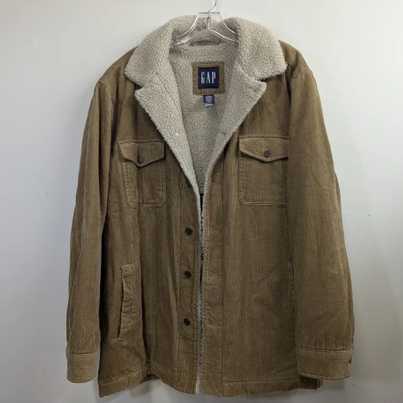 Vintage GAP Men's Icon Y2K Tan Corduroy Jacket with Sherpa Lining L Oversized